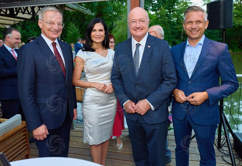 Copyright: Starpix / A. Tuma, 03.07.2026 Wien , Thomas STELZER, Silvia GRÜNBERGER, Christian STOCKER, ,Wolfgang HATTMANNSDORFER,   ,Sommerfest von Grünberger & Partner und Geburtstagfest  im Klee am Hanslteich